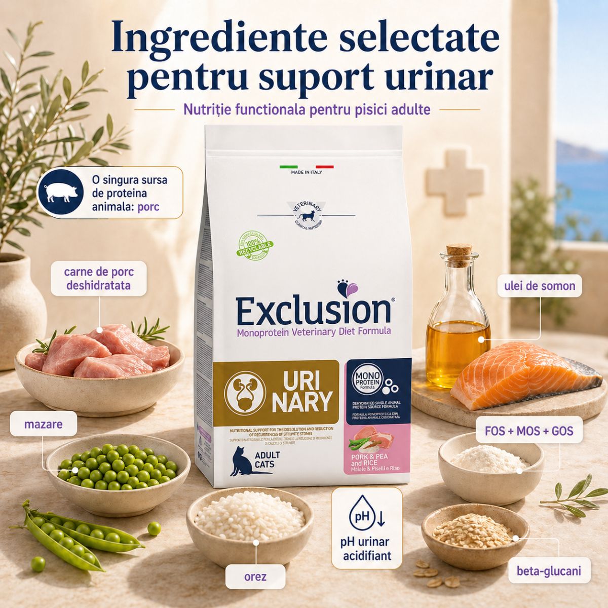 EXCLUSION Monoprotein VD Urinary, Porc și Mazăre, dietă veterinară, hrană uscată pisici, sistem urinar, 1.5kg